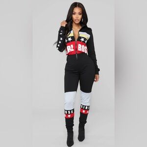 Fashion Nova Black and Gray Jumpsuit with Yellow Accent